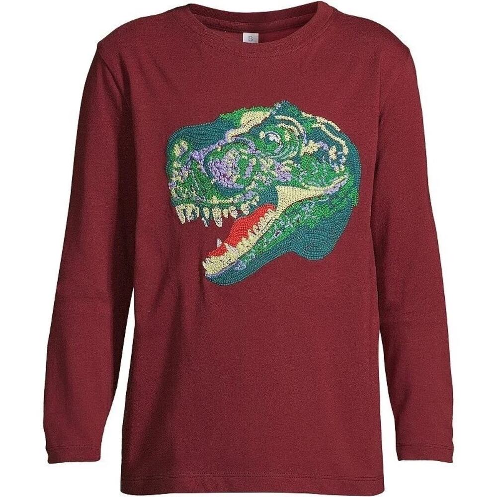 NWT Lands' End Dinosaur T-Rex Embroidery Graphic T-Shirt Red Boys Size Medium